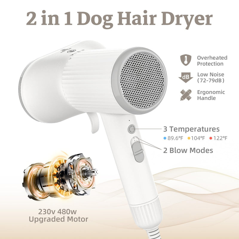 Dog Brush for Shedding, Professional 2-in-1 Pet Hair Dryer & Dog Grooming Brush with Removable Comb, Adjustable Temperature/Speed, Portable Brush for Dogs and Cats White