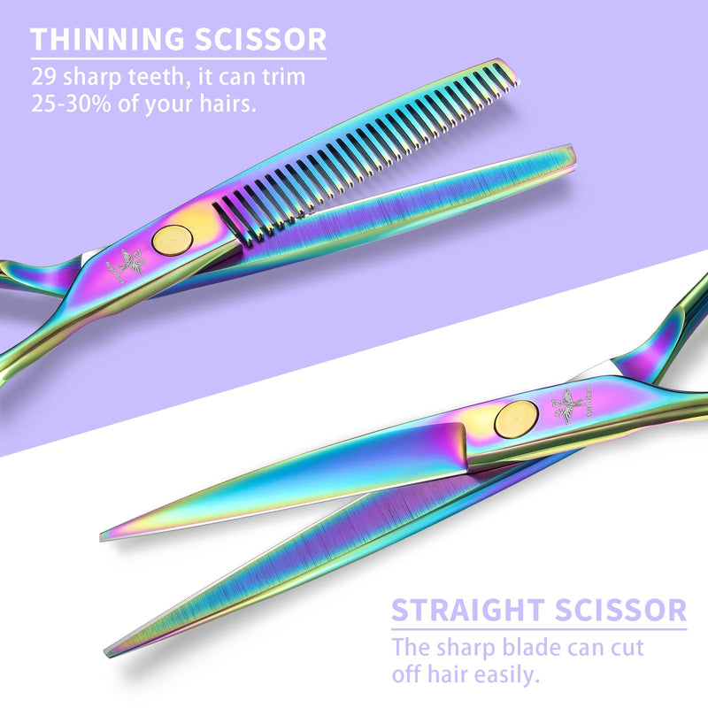 PURPLEBIRD Hair Cutting Scissors Kit, Professional Barber Scissors Hairdressing Shears Set with Stainless Steel Hair Scissor Thinning Scissor for Men Women Pet 10 Pcs Rainbow 10 Pcs Set Rinbow - PawsPlanet Australia