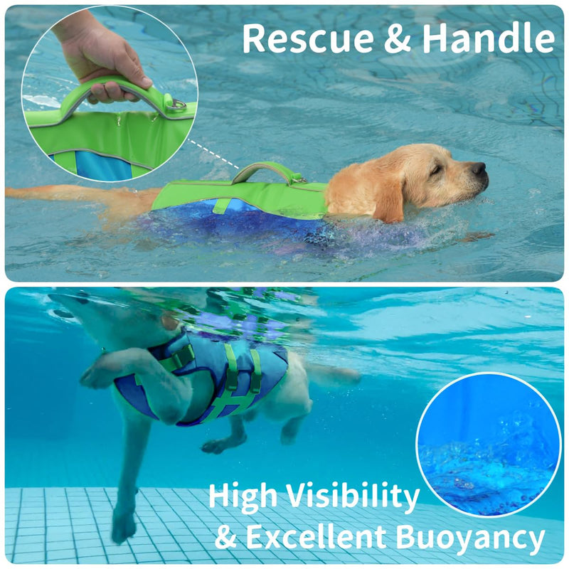 PETDSH Dog Life Jacket Large, High Flotation Dog Life Vest for Swimming Boating, Reflective Puppy Lifejacket with Superior Buoyancy and Rescue Handle, Adjustable Safety Dogs Floating Vests Large (Chest Girth:19.7-29.5'') Blue & Green - PawsPlanet Australia