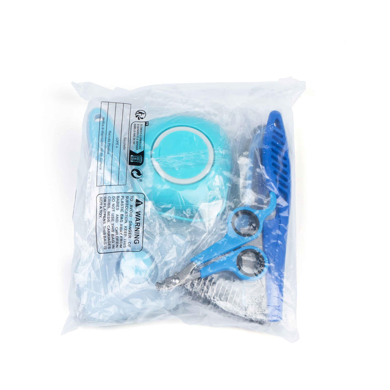 8-piece dog brush grooming set, pet self-cleaning set, with pet nail clippers and files, flea comb, pet shampoo bath brush, Pink and Blue colour variation set (Blue)