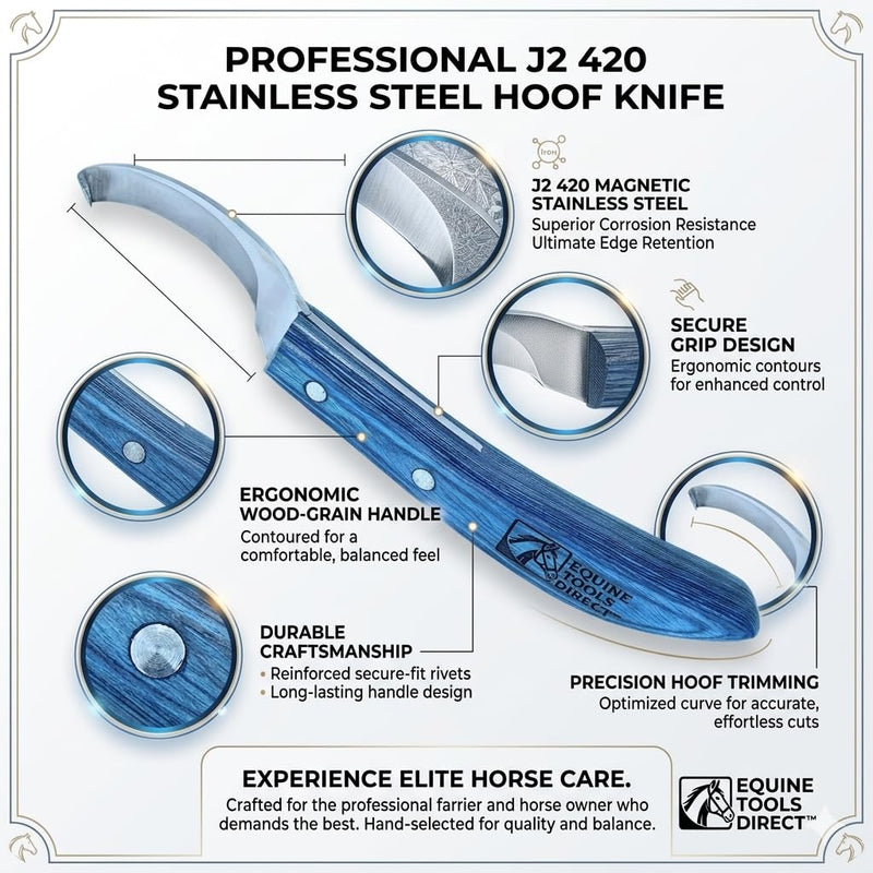 Curved Blade Hoof Knife, J2 420 Magnetic Stainless Steel, Right-Hand, Ergonomic Blue Handle, Professional Farrier Trimming Tool Right-Handed