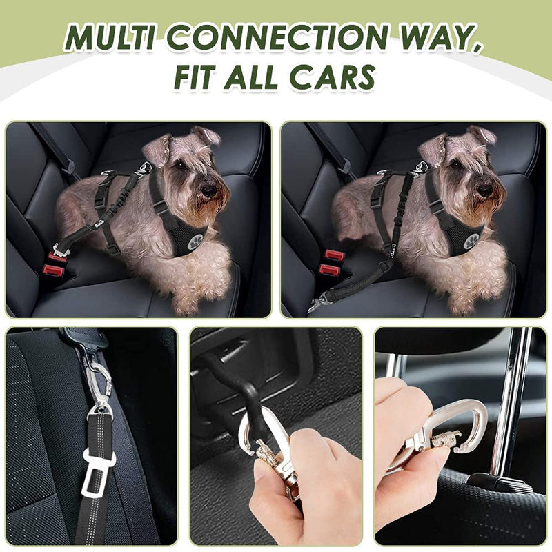 SlowTon Dog Seatbelt, 2 Pack Dog Seat Belt Car Leash Adjustable Elastic Bungee Buffer Heavy Duty Nylon Reflective Pet Safety Tether Connect to Dog Harness for Travel Riding in Vehicle (Daul Clip, B) Black Seatbelt Clip + Carabiner - PawsPlanet Australia