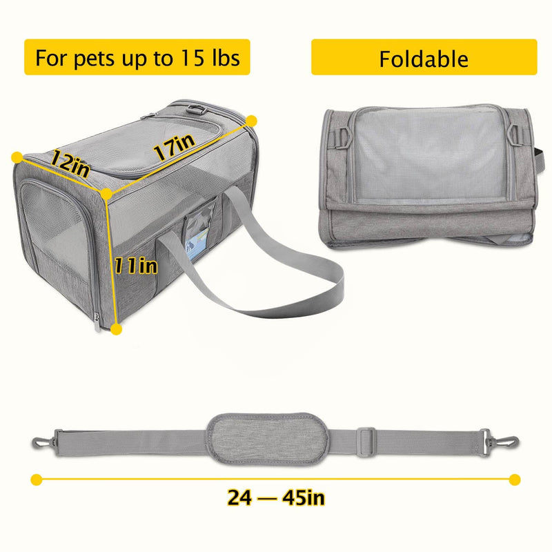 Refrze Cat Carrier,Dog Carriers for Small Dogs Medium Cats Pet Carrier up to 15 Lbs, TSA Airline Approved Cat Carrier Soft, Cat Dog Crate Travel Bag,Grey 17.0"L x 12.0"W x 11.0"H Grey - PawsPlanet Australia