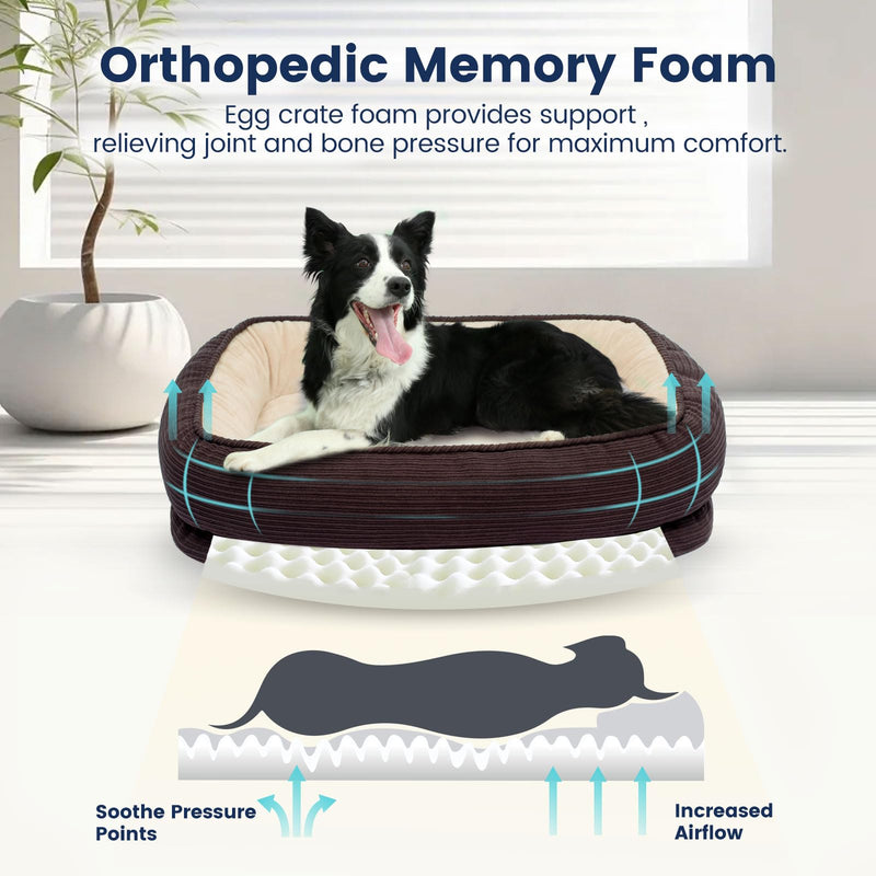 Orthopedic Dog Bed Small Washable, Egg Crate Foam Cat Bed for Senior Cat,Oval Kennel Bed, Pet Couch Bed with Four Sided Bolster, Removable Washable Cover Non-Slip Bottom, Brown S (20" x 16" x 5") - PawsPlanet Australia
