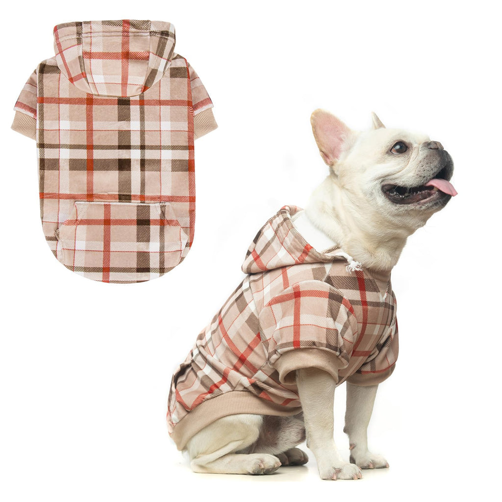 BEAUTYZOO Plaid Dog Hoodie -Dog Clothes for Small Medium Dogs, British Style Fleece Dog Sweater with Pocket and Leash Hole, Puppy Sweatshirt Pullover Cozy Warm Pet Outfit French Bulldog Coats, Beige S/M (Back: 14",Chest: 19", Neck: 12") - PawsPlanet Australia