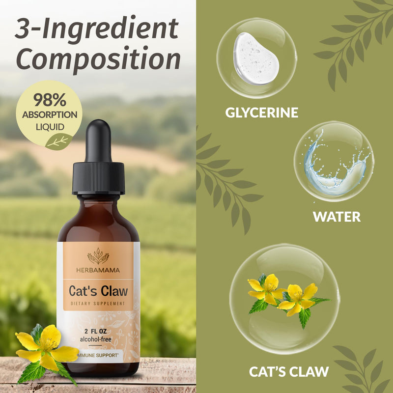 HERBAMAMA Cat's Claw Tincture - Vegan Cat's Claw Extract Supplement for Immune Support - Non-GMO, Alcohol & Sugar-Free Uncaria Tomentosa Drops 2 Fl Oz (Pack of 1) - PawsPlanet Australia