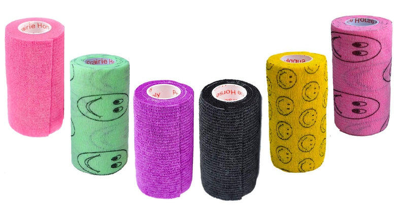 3 Inch Self Adhesive Medical Bandage Wrap Sport Tape (Purple, Pink, Black and Smiles on Yellow, Pink, Green) (6 Pack) Strong Elastic Self Adherent Flex Rolls Wrist Ankle Knee Sprains and Swelling Assorted 4 6 Count (Pack of 1)