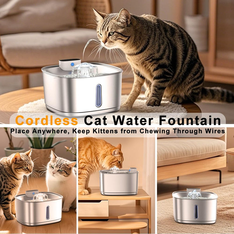 Wireless Cat Water Fountain Stainless Steel, 108oz/3.2L Cat Fountain Battery Operated, Cordless Pet Water Fountain for Cats & Dogs with Motion Sensor, Ultra Quiet Pump, Multi-Filtration 108OZ Wireless Fountain - PawsPlanet Australia