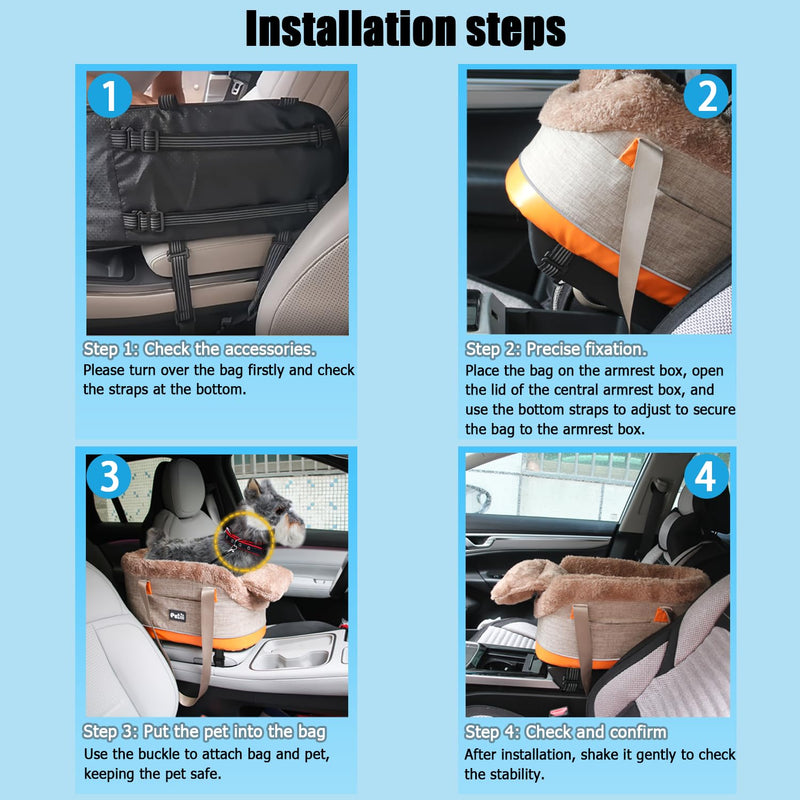 Pet Car Center Console Elevated Armrest Car Seat for Small Puppies, Dogs & Cats (Up to 10 lbs) – Khaki Washable Plush Carrier with Safety Leash, Fits Front Vehicle Console Space - PawsPlanet Australia