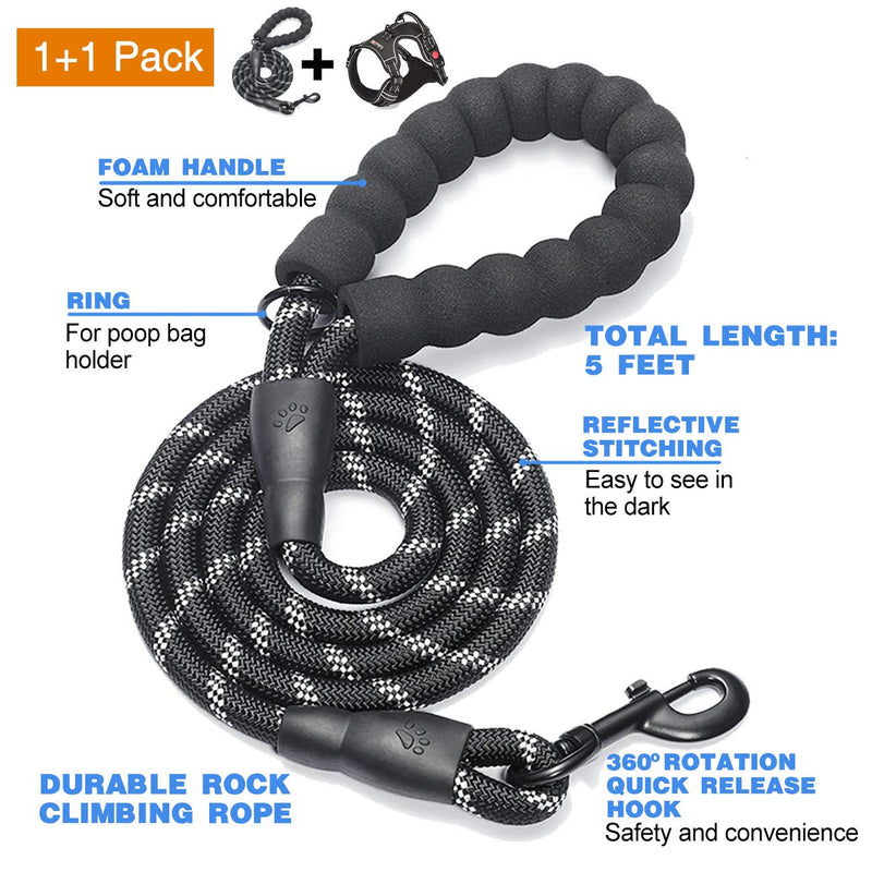 No Pull Dog Harness Adjustable Reflective Oxford Easy Control Medium Large Dog Harness with A Free Heavy Duty 5ft Dog Leash Black Harness+Leash