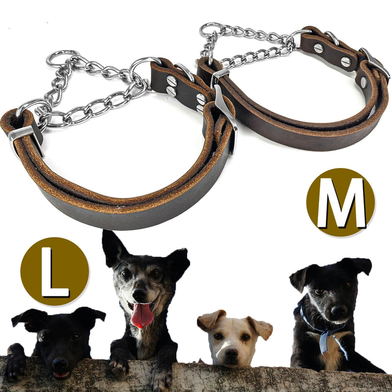 Leather Martingale Dog Collar, Soft Genuine Cowhide Handmade Assembled Stainless Steel Chain Martingale Collar Adjustable for Medium Large Dogs Pets. (L, Neck 20-25"(Martingale)) L, Neck 20-25"(Martingale)