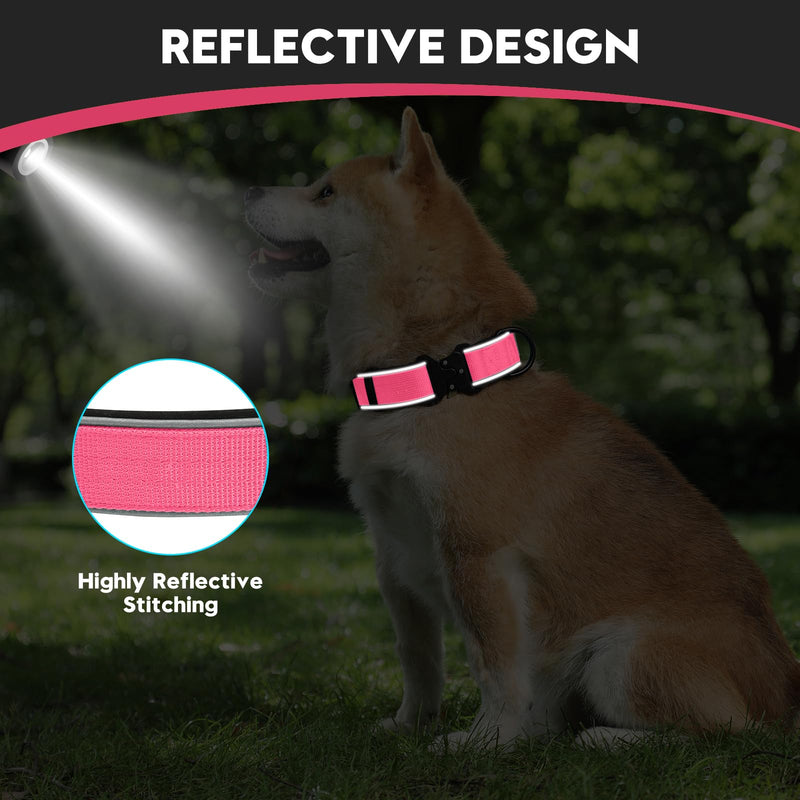 Dog Collar for Small Medium Large Dogs, Reflective, Adjustable Heavy Duty Dog Collar, Soft Neoprene Padded Comfortable for Walking (Pink, L) Pink - PawsPlanet Australia