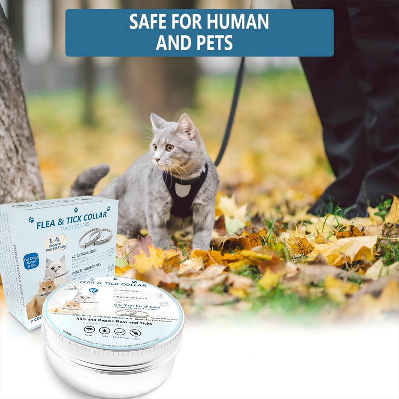 Flea and Tick Collar for Cats, 2 Pack Flea Collar for Cats, Offers 12 Months Protection, Waterproof, Adjustable, One Size Fits All Cat, Light Blue