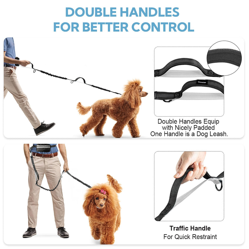 Hands Free Dog Leash with Pouch, Double Leash for Two Dogs, Retractable Bungee with Double Padded Handles, Dog Waist for Dog Walking,Dog Walking Accessories,Black Grey Black/Silver Gray Large 2 Leashes - PawsPlanet Australia