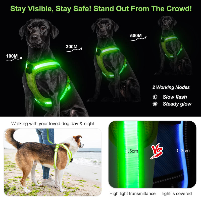 Light Up Dog Harness - LED Dog Harness Rechargeable, No Choke Illuminated Glow Dark Harness Vest Waterproof for Medium Large Dogs for Camping Night Safety Walking-Green,L Green - PawsPlanet Australia