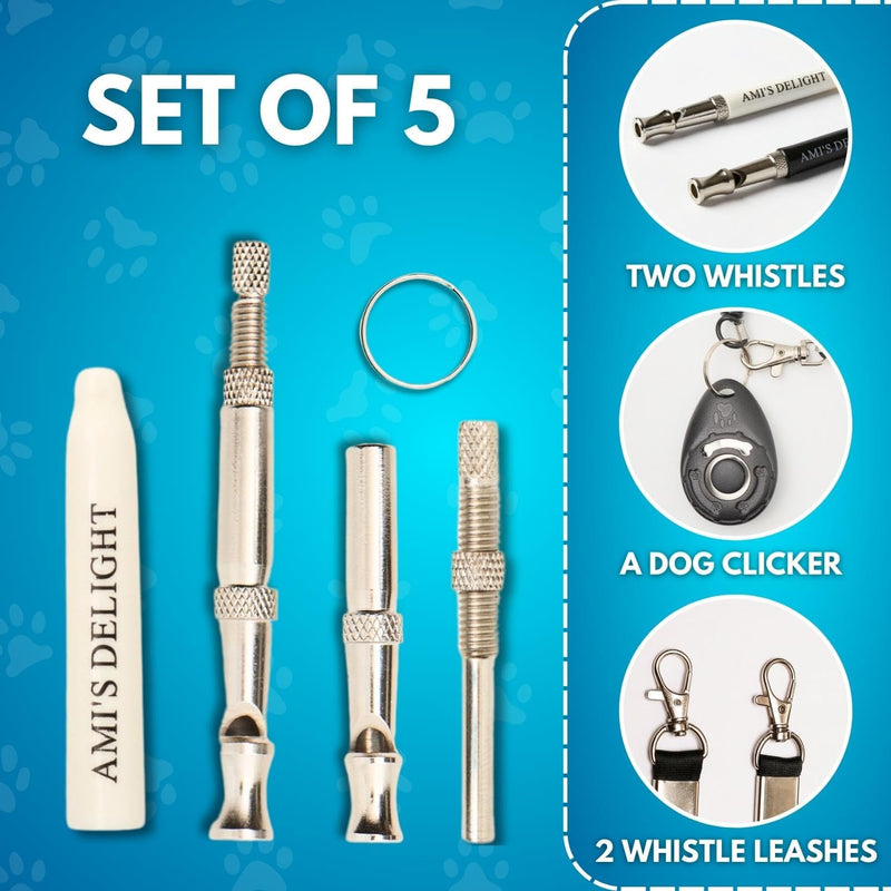Ami's Delight Dog Whistle Set of 5 | 2PCS Premium Quality Adjustable Dog Whistles with 2 Black Lanyards and a Dog Clicker | Ultrasonic Dog Whistle to Stop Barking Neighbors Dog - PawsPlanet Australia