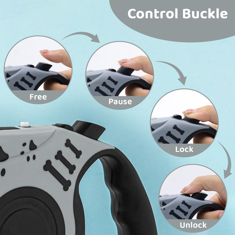 16FT Retractable Dog Leash with LED Flashlight for Night Walking, USB Rechargeable Hands-Free Leash for Small Medium Dogs, Automatic Locking & Extending, Grey - PawsPlanet Australia