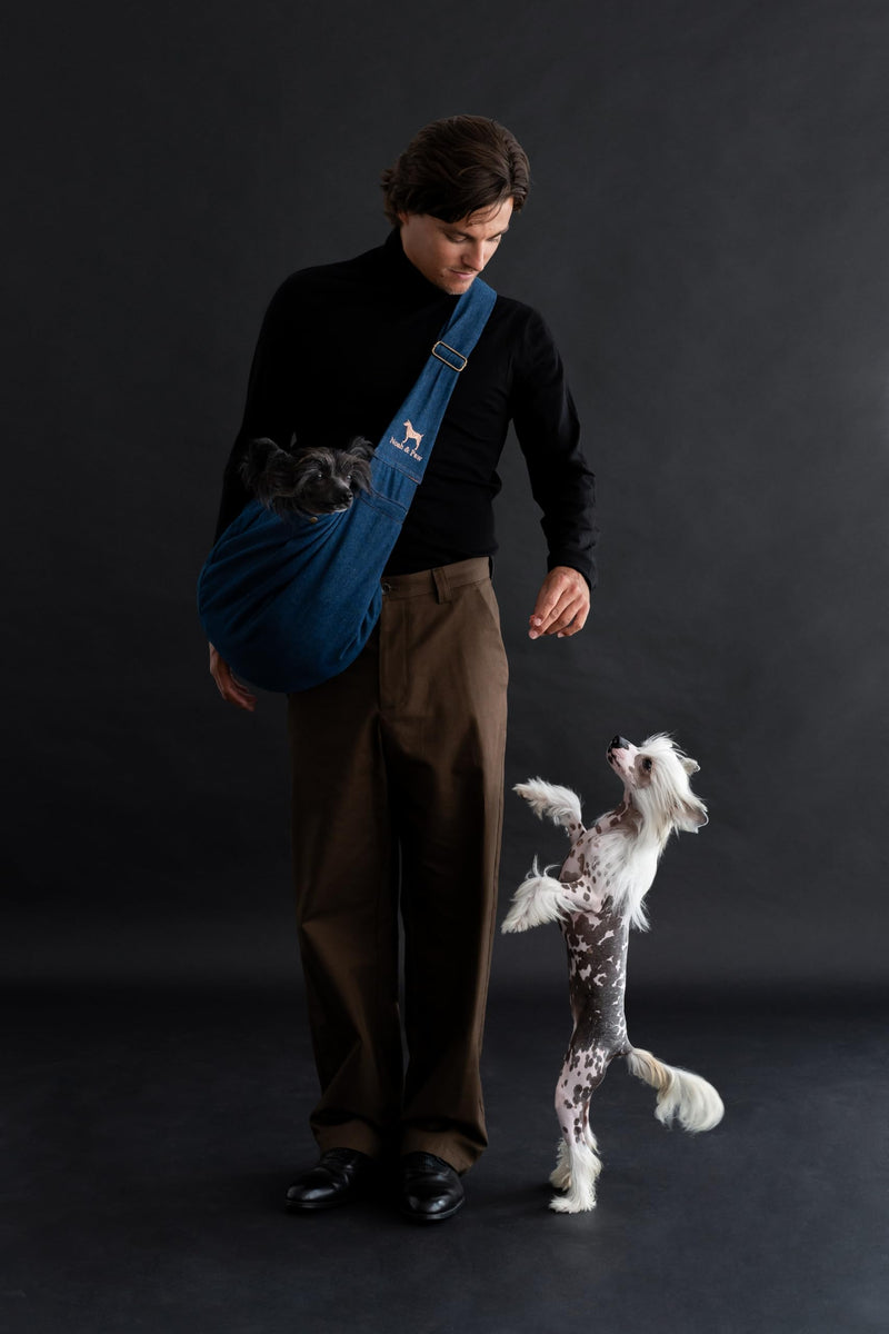 Noah & Paw Dog Sling Carrier for Small Dogs 5-18lb, Dog Sling for Small Dogs and Cats, Dog Carrier with Adjustable Padded Strap, Premium Denim, Lined with Fur, Double Safety Feature, Machine Washable Dark Blue 18.0"L x 10.0"W x 6.5"H - PawsPlanet Australia