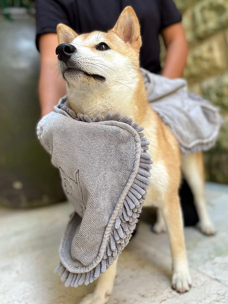 Tuff Pupper Quick Dry Towel for Dogs | Ultra Absorbent Microfiber Shammy | Extra Large 35x15 Size Dog Bath Towel | Comfortable Hand Pockets | Indoor Outdoor Use | Durable Material | Machine Washable Cool Grey - PawsPlanet Australia