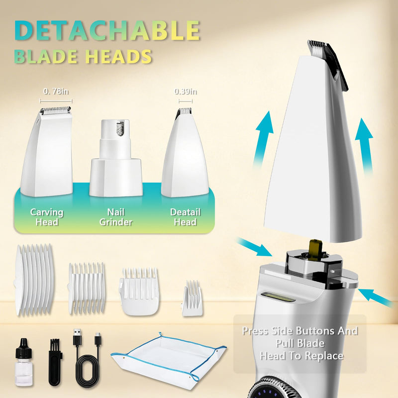 5-in-1 Dog Grooming Kit, Dog Paw Trimmer with LED Display & Light 11-Speed Rotary Knob, Low Noise Wireless Pet Clippers, Includes Easy-Clean Silicone Pad for Trimming Paw Eye Ear Facial Hair Pet Clipper - With Cleaning Pad