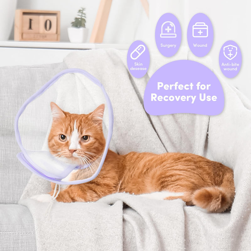 BENCMATE Cat Cone, Drawstrings Cat Cone Collar with Low Noise Fasteners, Transparent Cat Recovery Collar, Licking and Scratching Free Cone, Extra Soft Cat Surgery Collar (Purple,Small) [Neck:7-9"] Small Lavender - PawsPlanet Australia