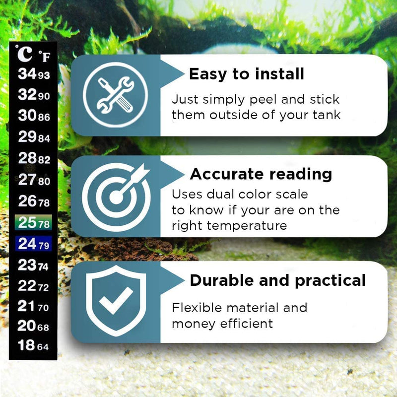 SunGrow Betta Fish Tank Thermometer Stick On, Aquarium Temperature Sticker Strip, 5.2 x 0.7 Inches, Green & Blue Temperature Indicator, Amphibian and Reptile Thermometer Sticker, Black, 3 Pcs 3 Pieces