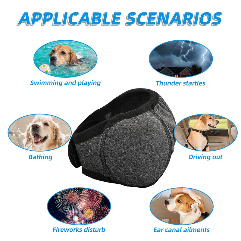 Dog Calming Ear Wraps, Waterproof Adjustable Dog Snood Ear Protectors Comfortable Noise Protection Ear Cover Muffs for Pet Bath Grooming Swimming Thunder Fireworks (Gray, M)