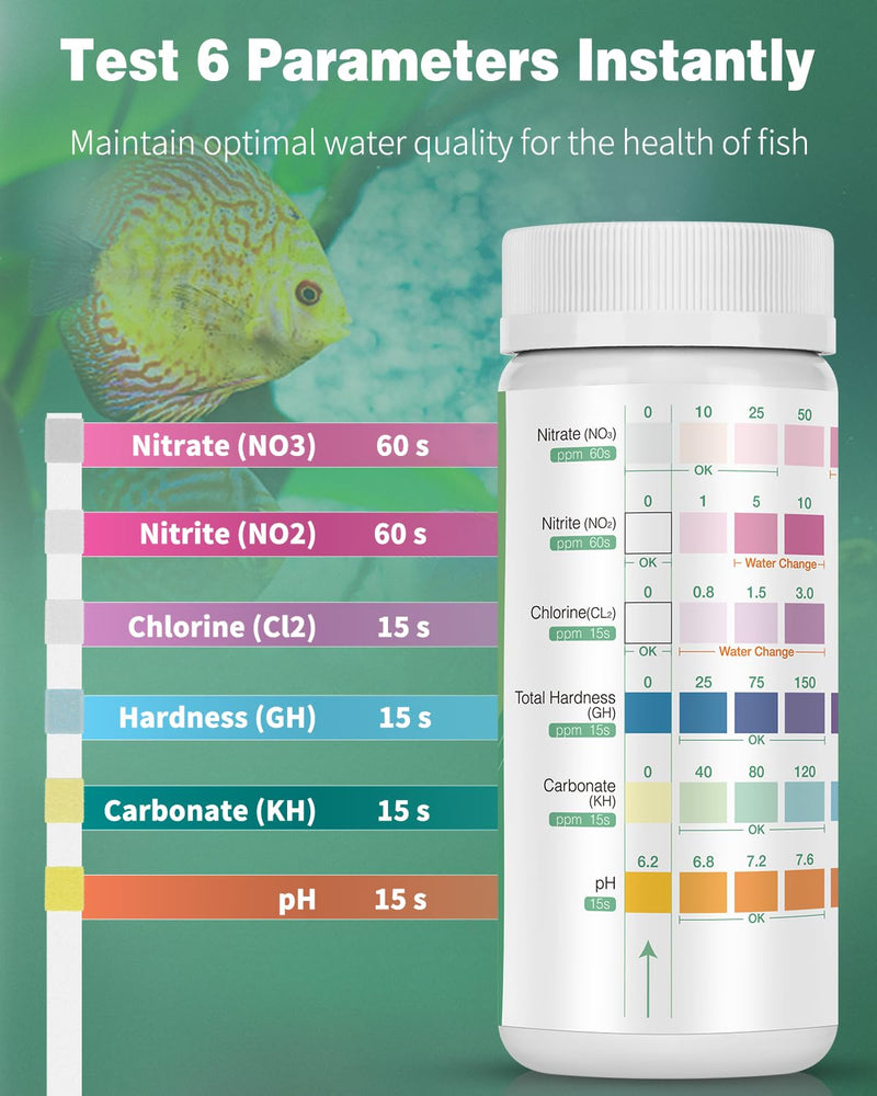 Pawfly 6 in 1 Aquarium Test Strips, 100 Strips Fish Tank Testing Strips for pH Chlorine Nitrate Nitrite Carbonate and Hardness Water Quality Freshwater Saltwater Test Kits