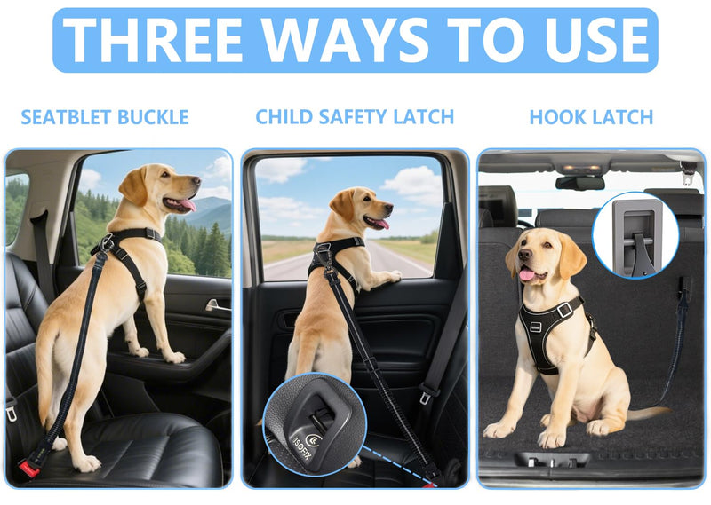 Dog Seat Belt for Car, 3-in-1 Adjustable Dog Seat Belt with Carabiner, Latch & Buckle, Heavy Duty Dog Car Harness Tether with Bungee Buffer, Pet Safety Restraint for Small Medium Large Dogs - PawsPlanet Australia