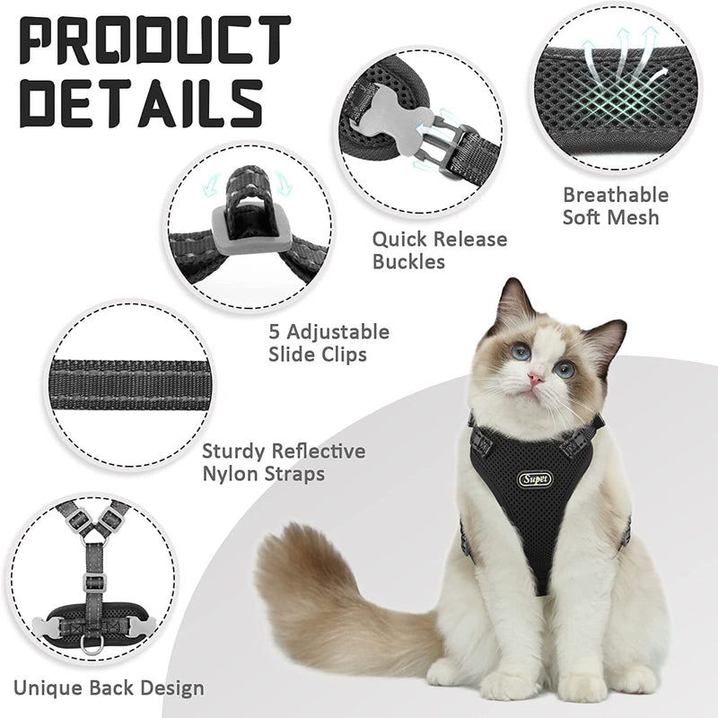 Supet Cat Harness and Leash for Walking Escape Proof, Adjustable Harness for Cats, Easy Control Small Cat Harness for Medium Large Kitten and Dogs S Black Small (Chest: 10.0" - 15.0")