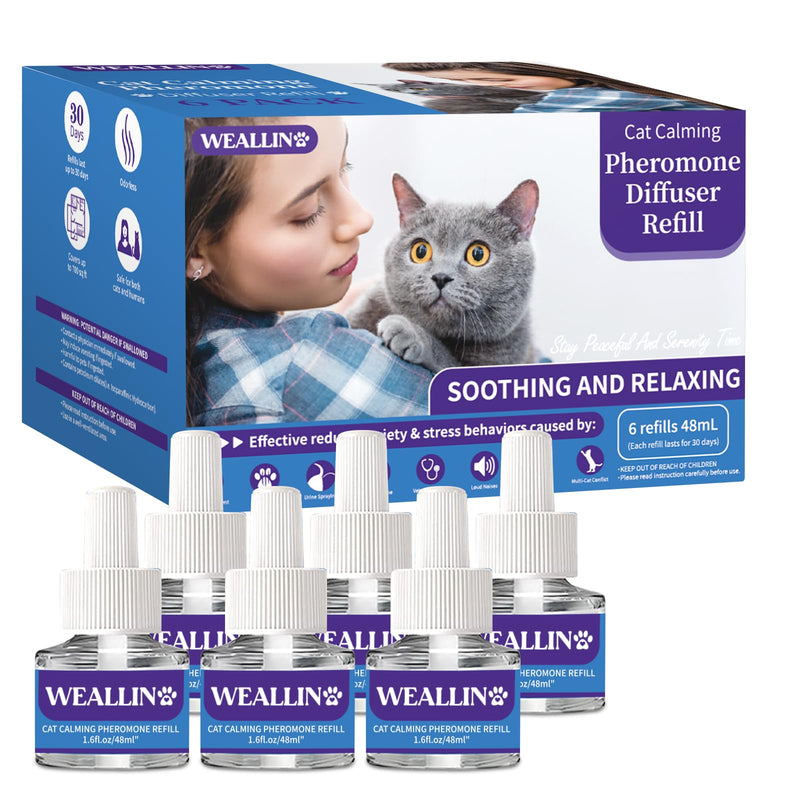 6 Pack Cat Calming Diffuser Refills - Cat Pheromones Calming Diffuser Refill Relieve Anxiety & Stress 6 Month Supply, Cat Pheromone Diffuser Refills (Fits All Common Diffuser Heads)