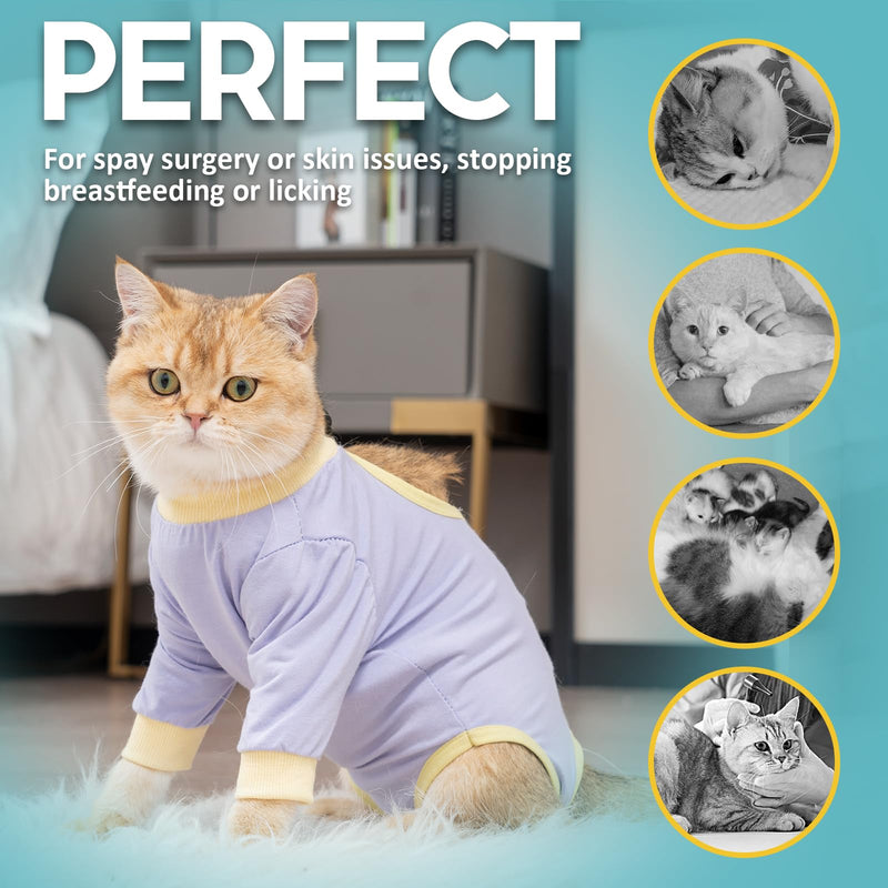 Avont Cat Recovery Suit - Kitten Onesie with Front Sleeves for After Surgery, Female Spay Surgical Abdominal Wound Skin Diseases E-Collar Alternative Wear -Purple(M) Purple Medium - PawsPlanet Australia
