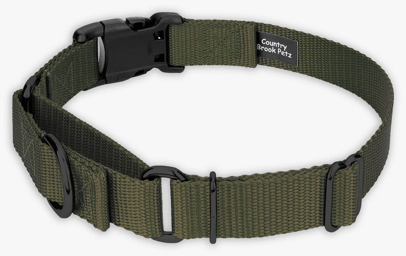 Country Brook Petz Heavy Duty Nylon Adjustable Martingale Dog Collar with Deluxe Buckle for Small Medium Large Breeds - 30+ Vibrant Color Options (1 Inch, Medium, Dark Olive Drab) Medium (Pack of 1) - PawsPlanet Australia