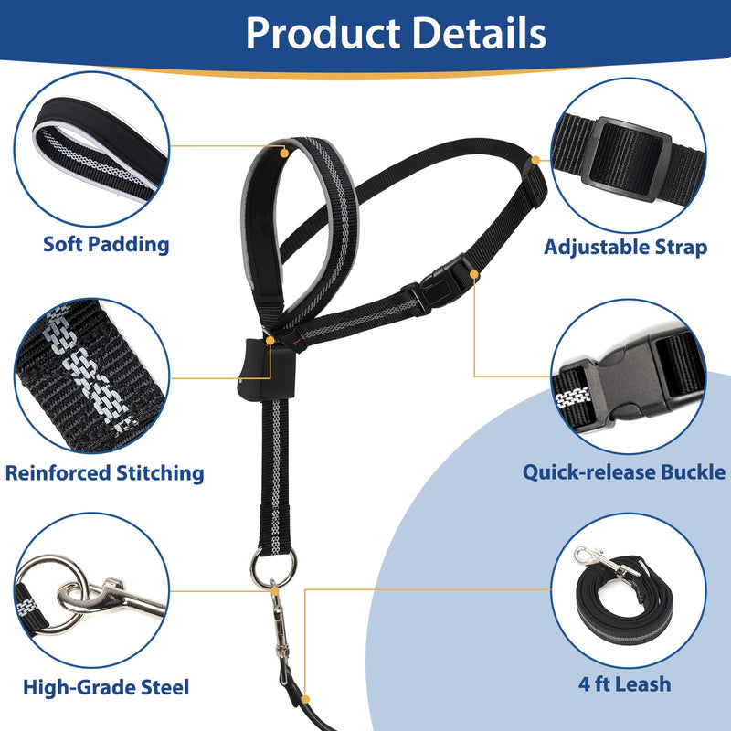 BARKLESS Dog Head Collar, Reflective Head Halter for Small Medium Large Dogs with Soft Padding, No Pull Mouth Harness with Training Leash, Adjustable Muzzle Leash for Gentle Walking M (Snout 9-11 '') Black - PawsPlanet Australia