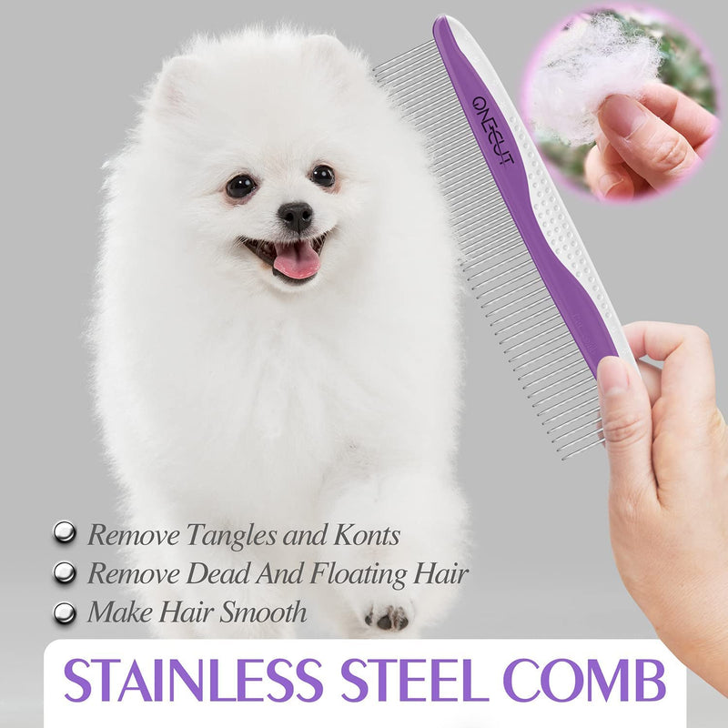 Dog Comb, OneCut Pet Grooming Tool for Removing Tangles Knots and Matted Fur, Wide and Narrow Teeth Comb Design for Dogs and Cats (Purple) Purple