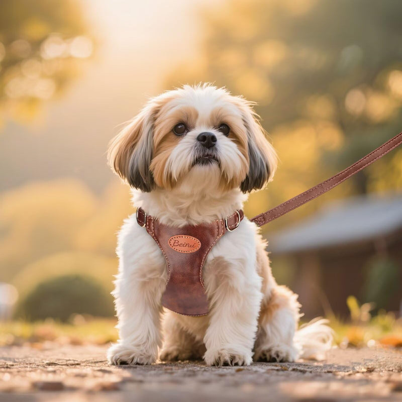 Beirui ?Stylish PU Leather Dog Harness? and Leash Set for Small Dogs, ?Adjustable Step in Puppy Harness with Breathable Mesh Lining and Durable Metal Buckle for Walking Traveling(Brown,XS) XS: Fit 4-11lbs Brown - PawsPlanet Australia