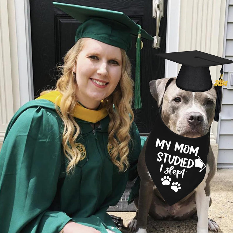 STMK Dog Graduation Cap Bandana, Graduation Dog Cap with 2024 Tassels Dog Graduation Outfits Gifts Graduation Bandana for Small Medium Large Dogs (Black, Cap & My Mom Studied I Slept Bandana) - PawsPlanet Australia