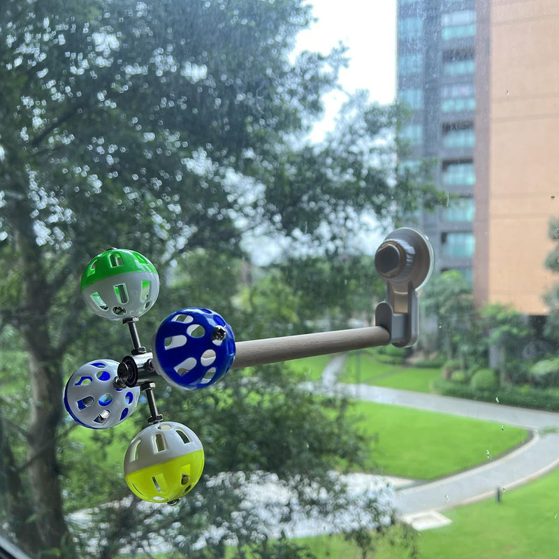 Window Suction Bird Perch Toy for Parakeet, Movable Bird Perch Stand with Rotating Balls Bells for Window Mirror Glass Mount, Spinning Perch Toy for Budgies Cockatiel Conure Typical Perch White - PawsPlanet Australia