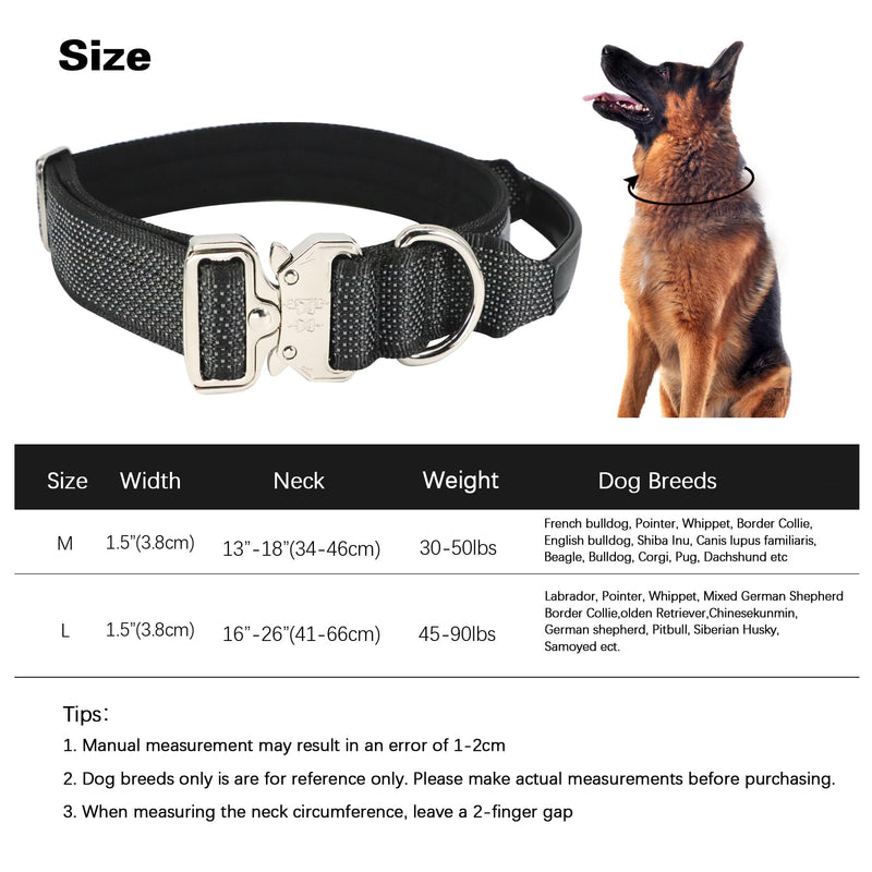 Upgrade Reflective Tactical Military Dog Collar with Leather Handle & Neoprene Padded for Medium Dogs, Wide Thick Heavy Duty Dog Collar with Quick Release Metal Buckle for Training (Black, M) Black M (13”-18”) - PawsPlanet Australia