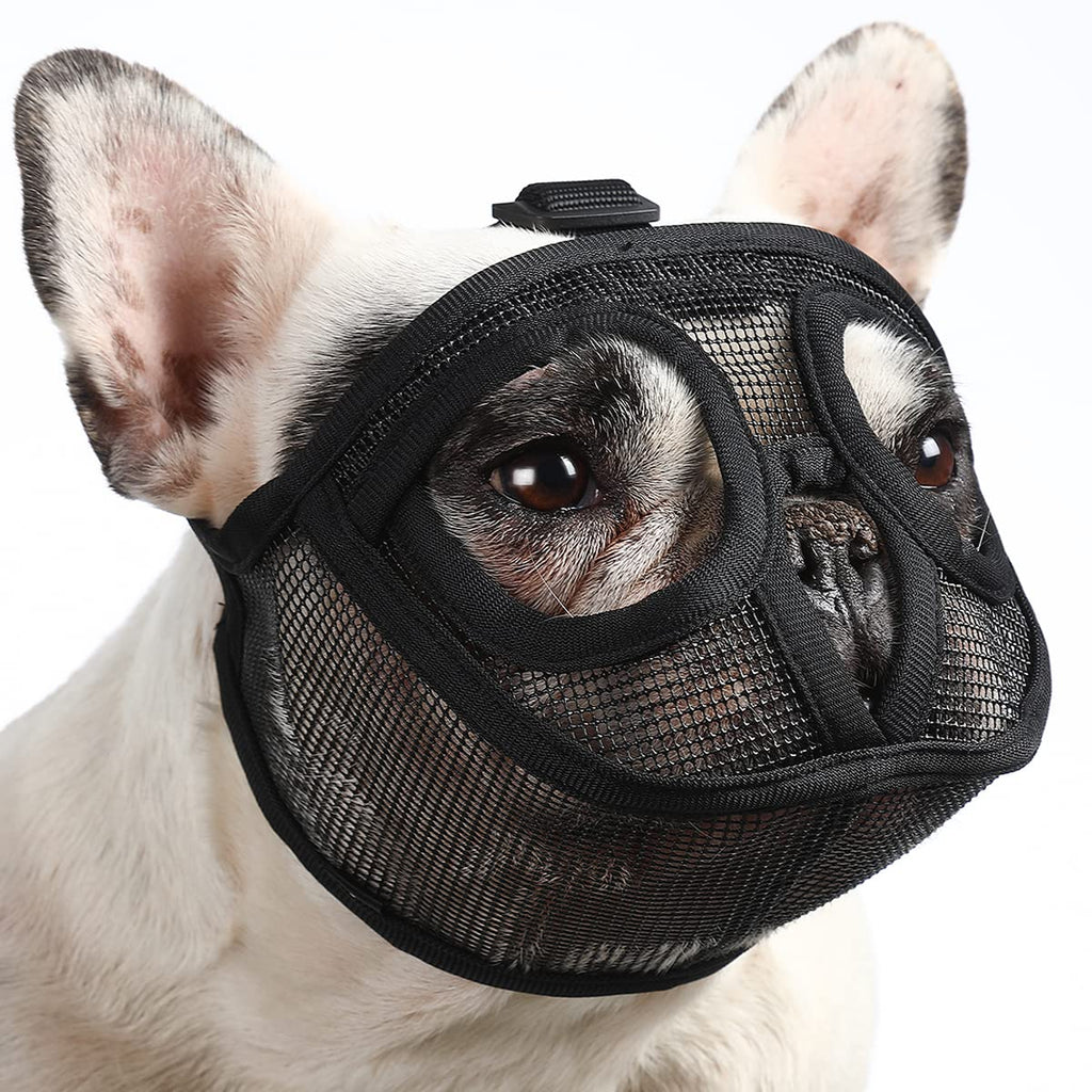 BARKLESS Short Snout Dog Muzzle, Breathable Mesh Flat Faced Muzzle for French Bulldog Shih Tzu and Pug,Mask Bulldog Muzzle for Biting Chewing Licking Black XXS (Head 7.5-12.5'')