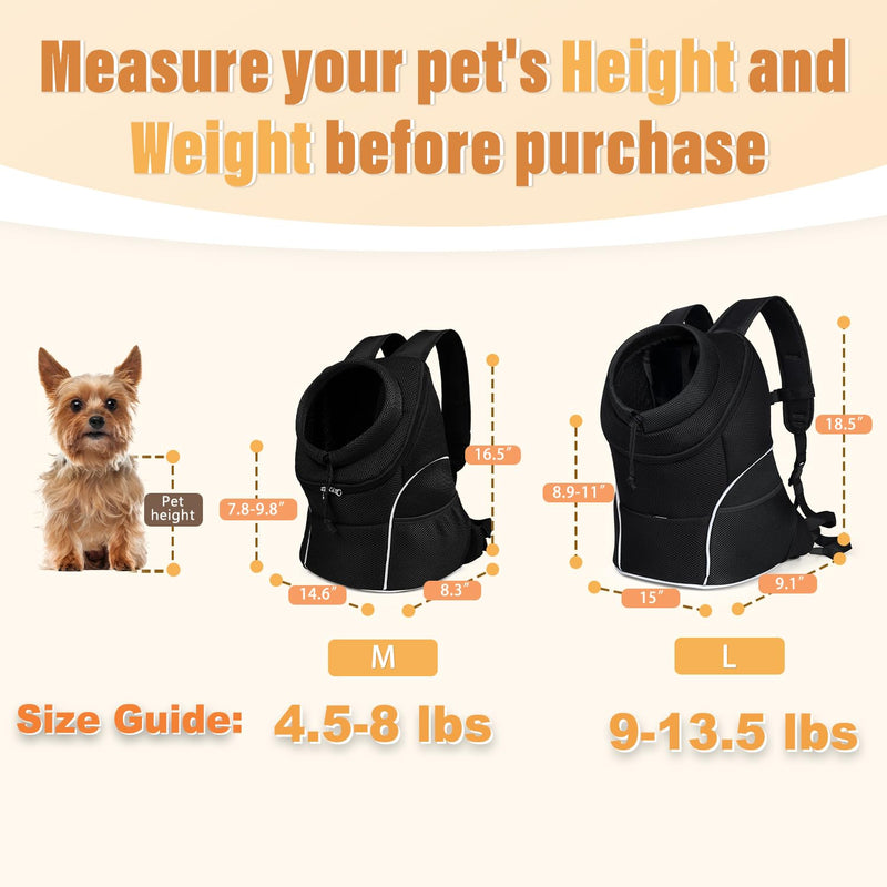 YUDODO Dog Front Carrier Backpack, Adjustable Breathable Pet Carrier for Small Dogs, Ventilated Puppy Back Pack with Safety Belt, Lightweight Doggy Backpack for Hiking Outdoor(Jet Black, L:9-13.5 lbs) Jet Black Large (9-13.5lbs) - PawsPlanet Australia