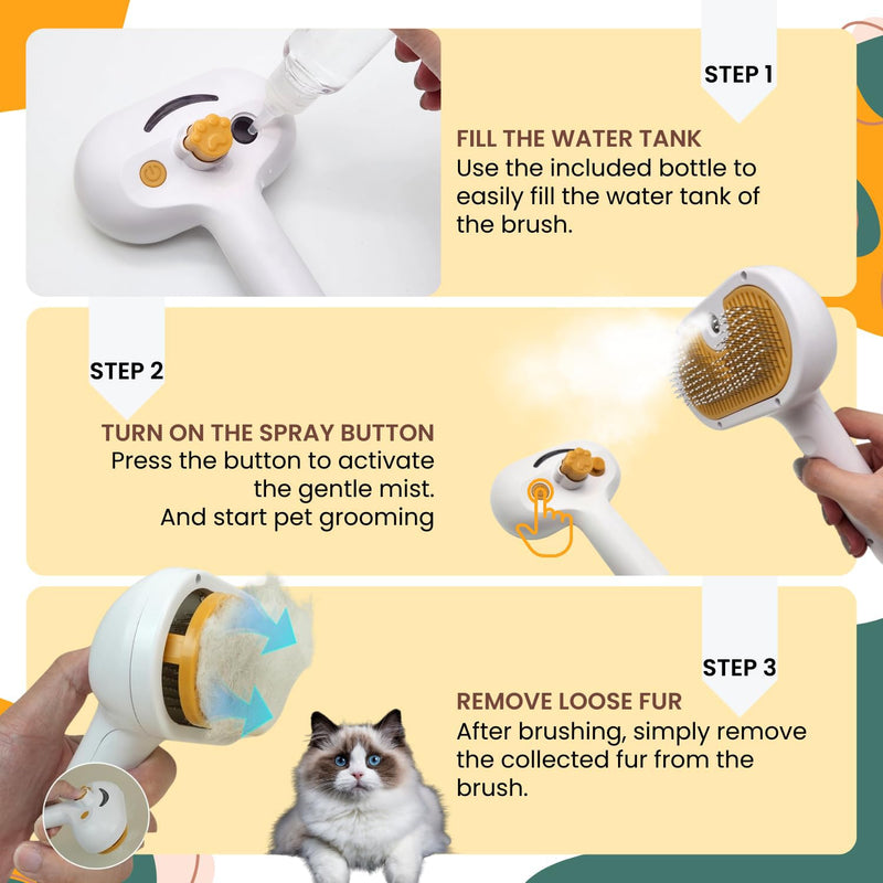 2025 Pet Grooming Brush with Spray for Cats & Dogs; Water/Mist/Steam Brush for Cat & Dog; 4in1: Self Cleaning, Anti Static Shedding Spray Comb, Hair Removal, Misting Indoor Steamy Grooming Brush - PawsPlanet Australia