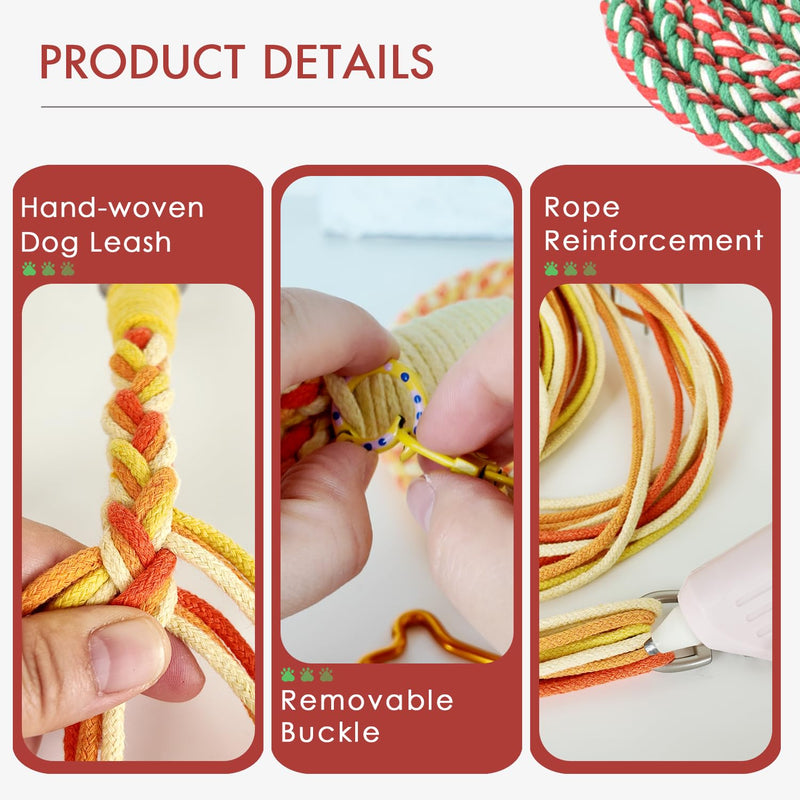 KUDOS Braided Cotton Dog Leash – Secure Lock & Comfy Handle, Handwoven Rope in Red Green White, 5.2ft Leash with Floral Accent for Small to Large Dogs, Christmas Style Holiday Cheer