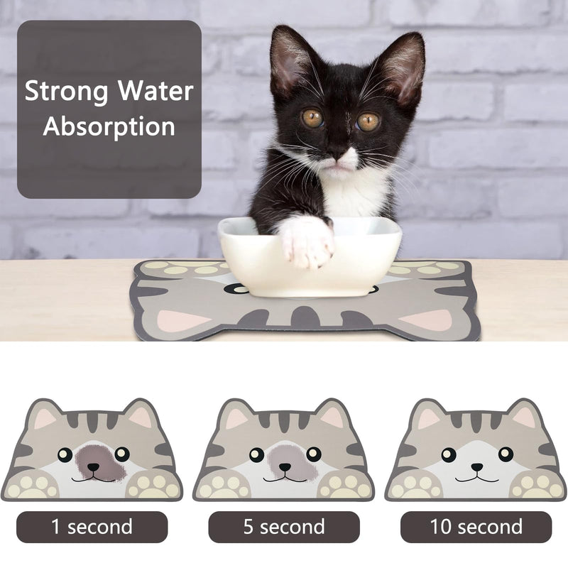 Cat Food Mats for floor, Cat Water Bowl Mats Pet Feeding Absorbent Mat Cat Placemats for Food and Water Grey Small 17.7 * 9.8 inch Cat Head - PawsPlanet Australia