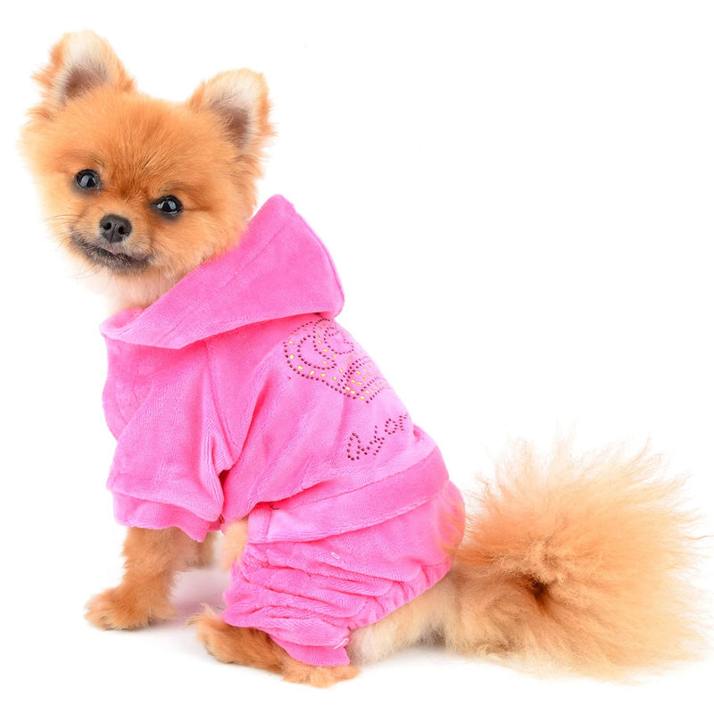SMALLLEE_LUCKY_STORE Pet Clothes for Small Dog Cat Soft Velvet Crown Jumpsuit Coat Hooide Pajamas Tracksuit Pink L L(Chest:20.5" Back:13",fit 11-15lbs) - PawsPlanet Australia