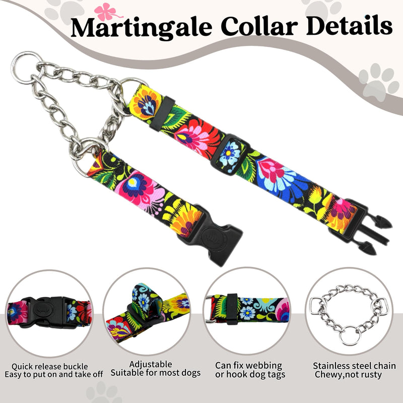 Martingale Dog Collar with Chain Stainless Steel, Nylon Dog Collar Flowers Pattern, Adjustable Training Walking Collar with Quick Release Buckle, Slip Chain Collar for Puppy Medium Large Dogs black Small - PawsPlanet Australia