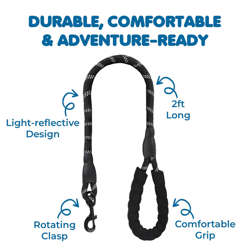 SunGrow 2 ft Nylon Dog Rope Leash, Large Dog Training Tool with Padded Handle & Heavy-Duty Metal Clasp, Reflective, Lightweight & Travel-Friendly for Medium, and Large Dogs, Black - PawsPlanet Australia