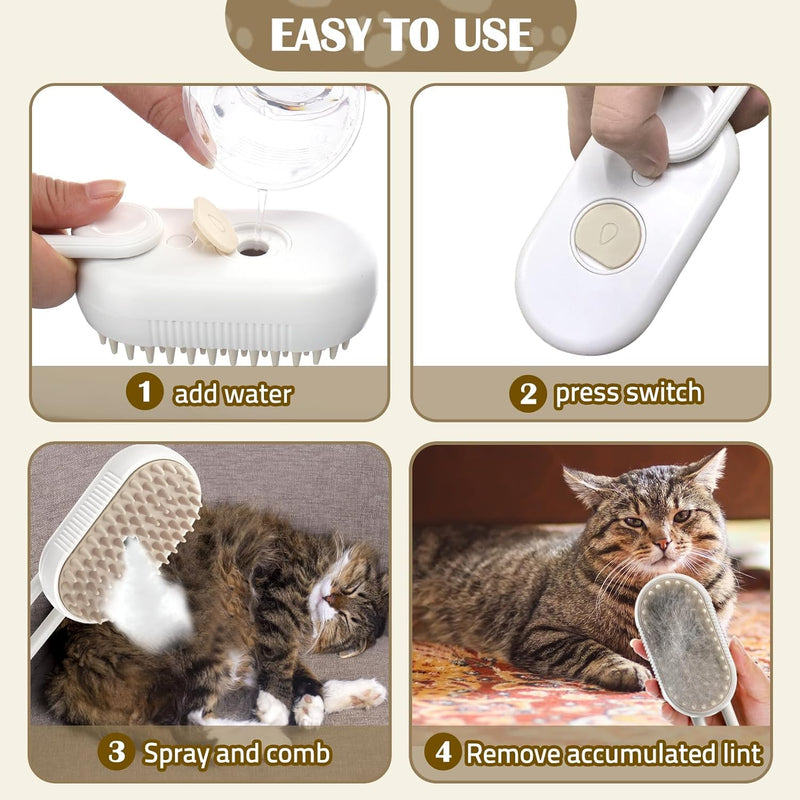 Cat Steam Brush - 5 In1 Grooming Kit for Cats and Dogs Silicone Massage Tool - Stainless Steel Nail Scissors - Hair Detangling Comb - Water Spray Rechargeable Shedding Wash-Free Essence (Khaki) Khaki - PawsPlanet Australia