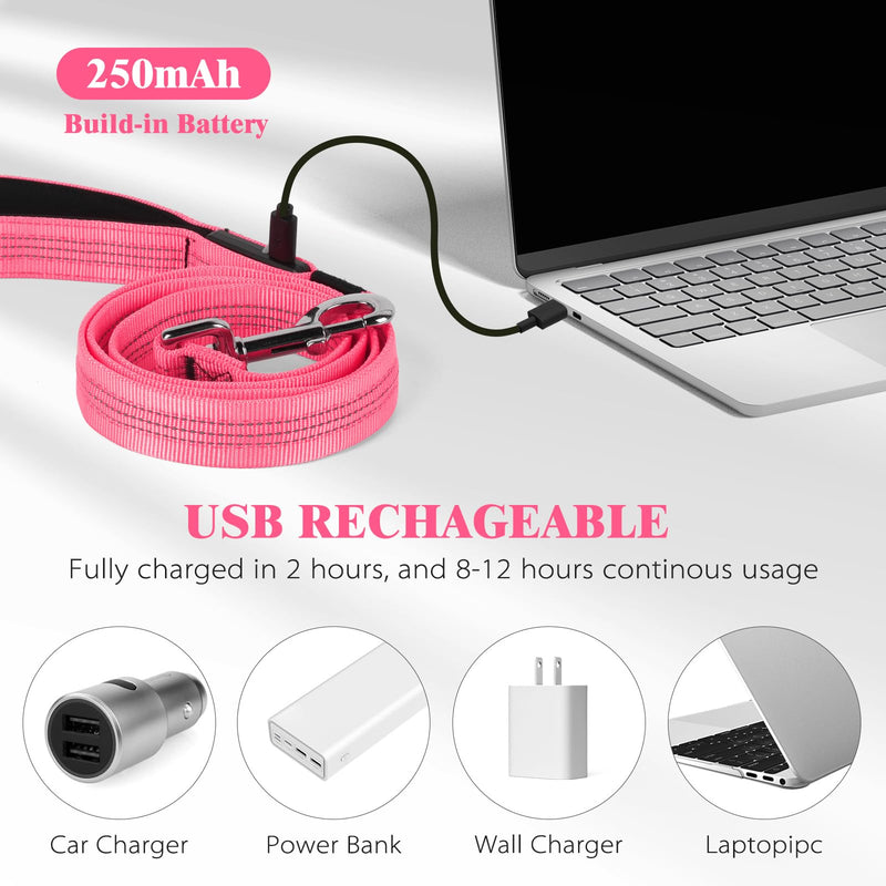 Light Up Dog Leash, 5 Ft LED Dog Lead Glowing Pet Leash with Soft Padded Handle, Safety Dog Lights for Night Walking (Pink) Pink - PawsPlanet Australia