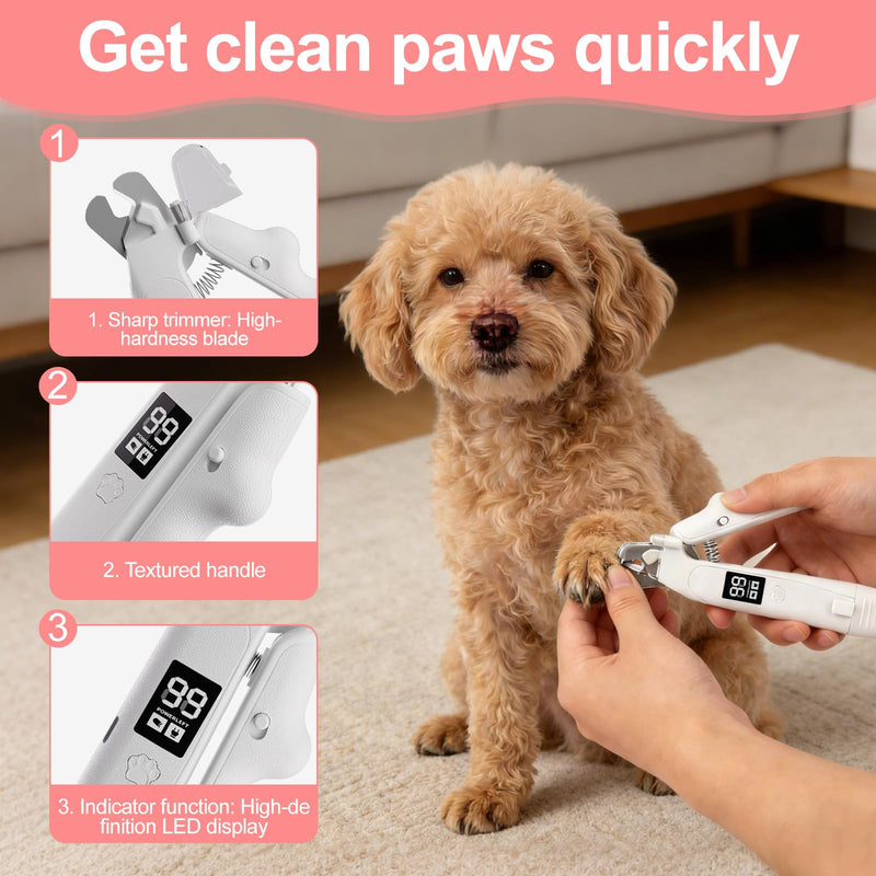 2 in 1 Dog Nails Clippers - Nail Grinders Claws Trimmer for Grooming with Light and LED Screen, Easy Nail Trimmer File, Safe Silent Pet Nail Grinder for Small, Medium Dogs Cats White with LED Screen - PawsPlanet Australia